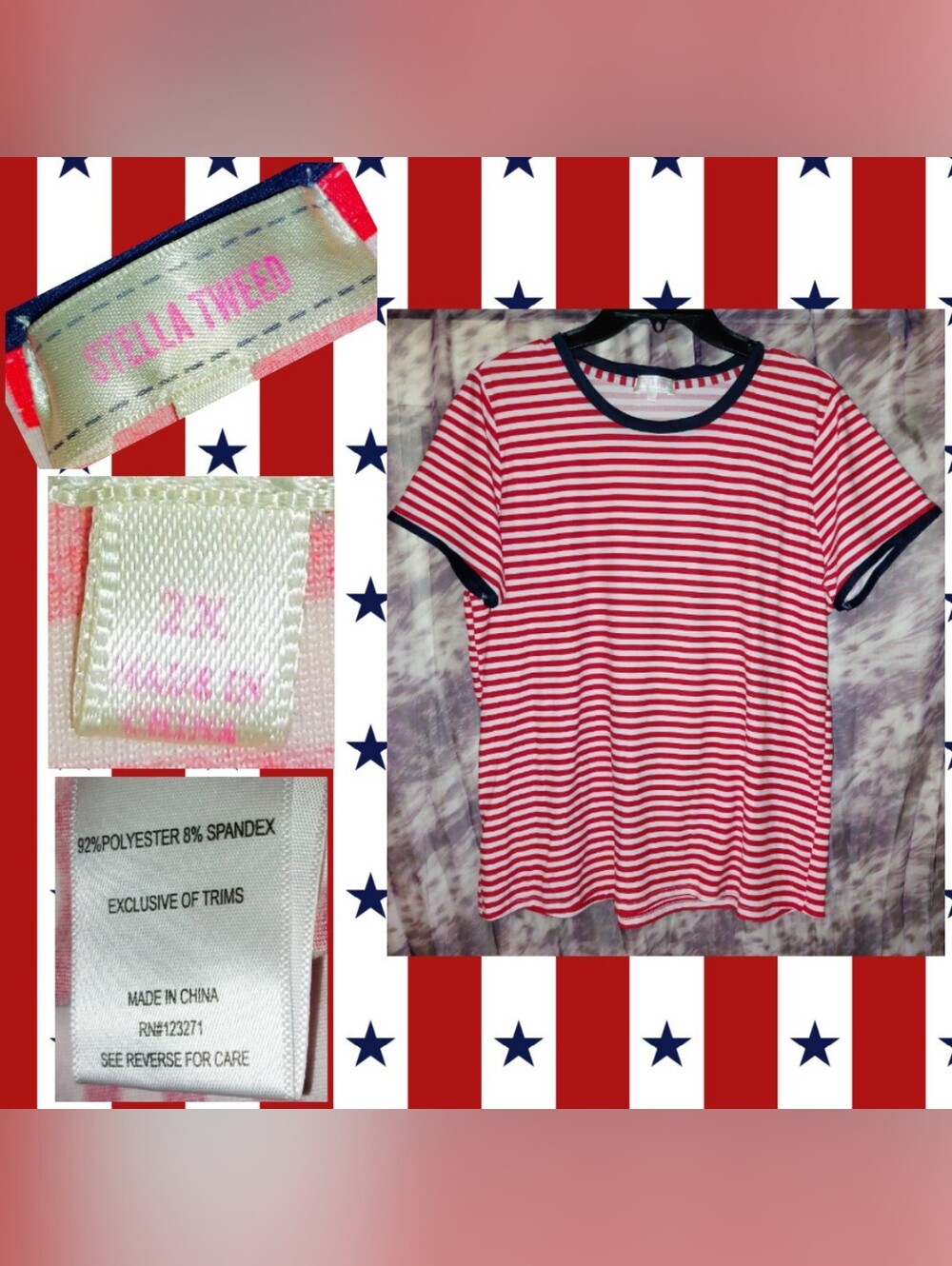 Stella Tweed brand Red/White/Navy Striped Print Buttery Soft Knit Ringer Top 2X